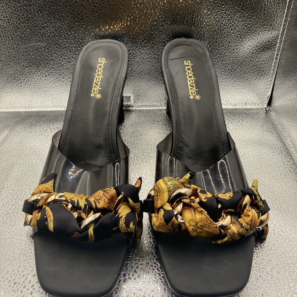 ShoeDazzle Black Jelly Block Heel Sandals Gold Chain Slide Square Toe Size 12